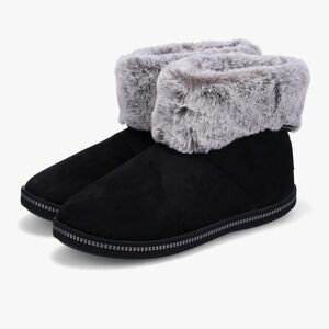 Skechers Black Slipper Boots with Gray Faux Fur Cuff
